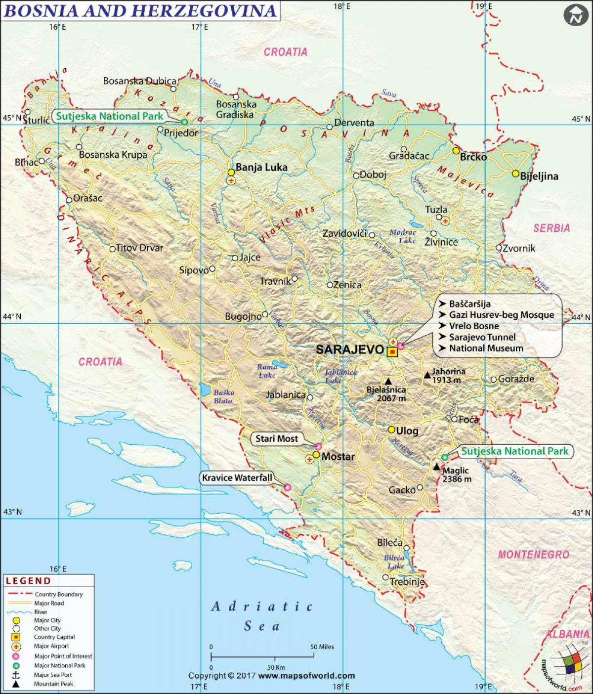 ボスニア-ヘルツェゴビナの地図